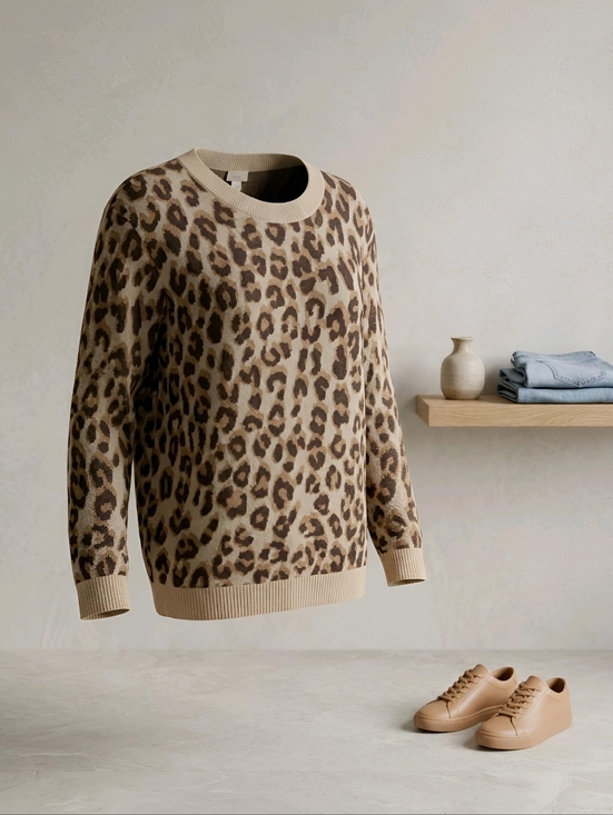 a new day Sweaters - a new day Leopard Print Crewneck Sweater - Beige and Brown Womens Size XL